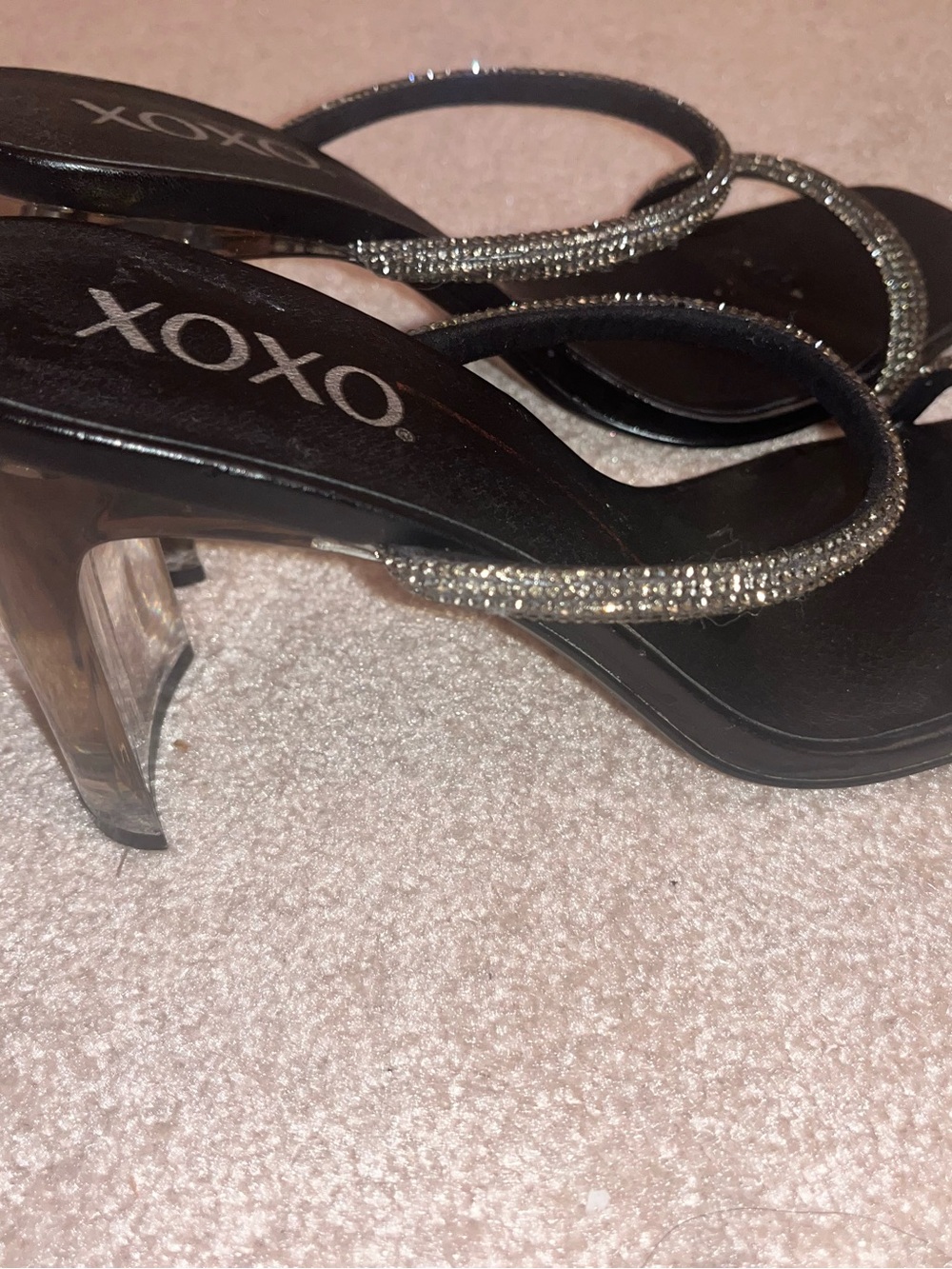 XOXO Black Rhinestone-Trim Clear Heel Sandals